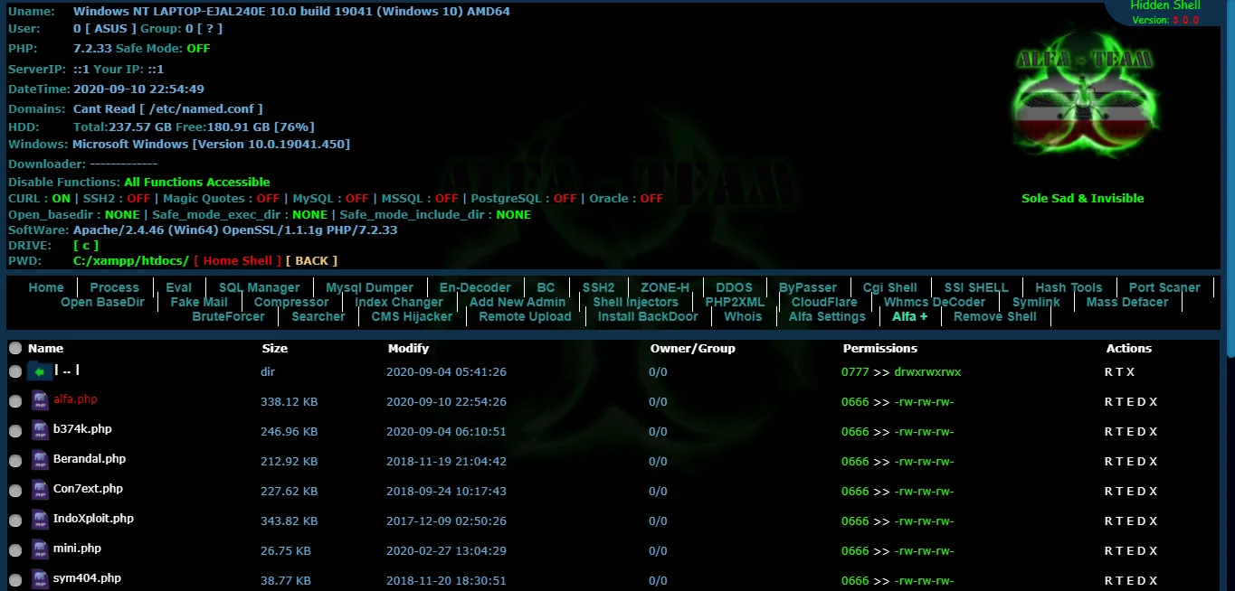 Alfa v4.0 Shell — PHP Shell preview for security testing. Version v1.0, file size 34.