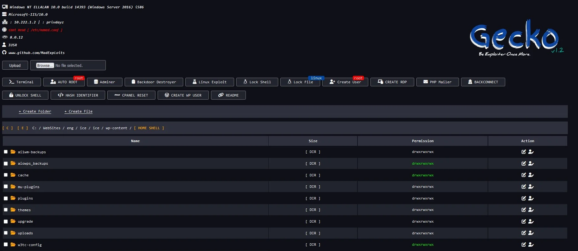 Gecko Shell Web Backdoor — PHP Shell preview for security testing. Version v1.0, file size 56.