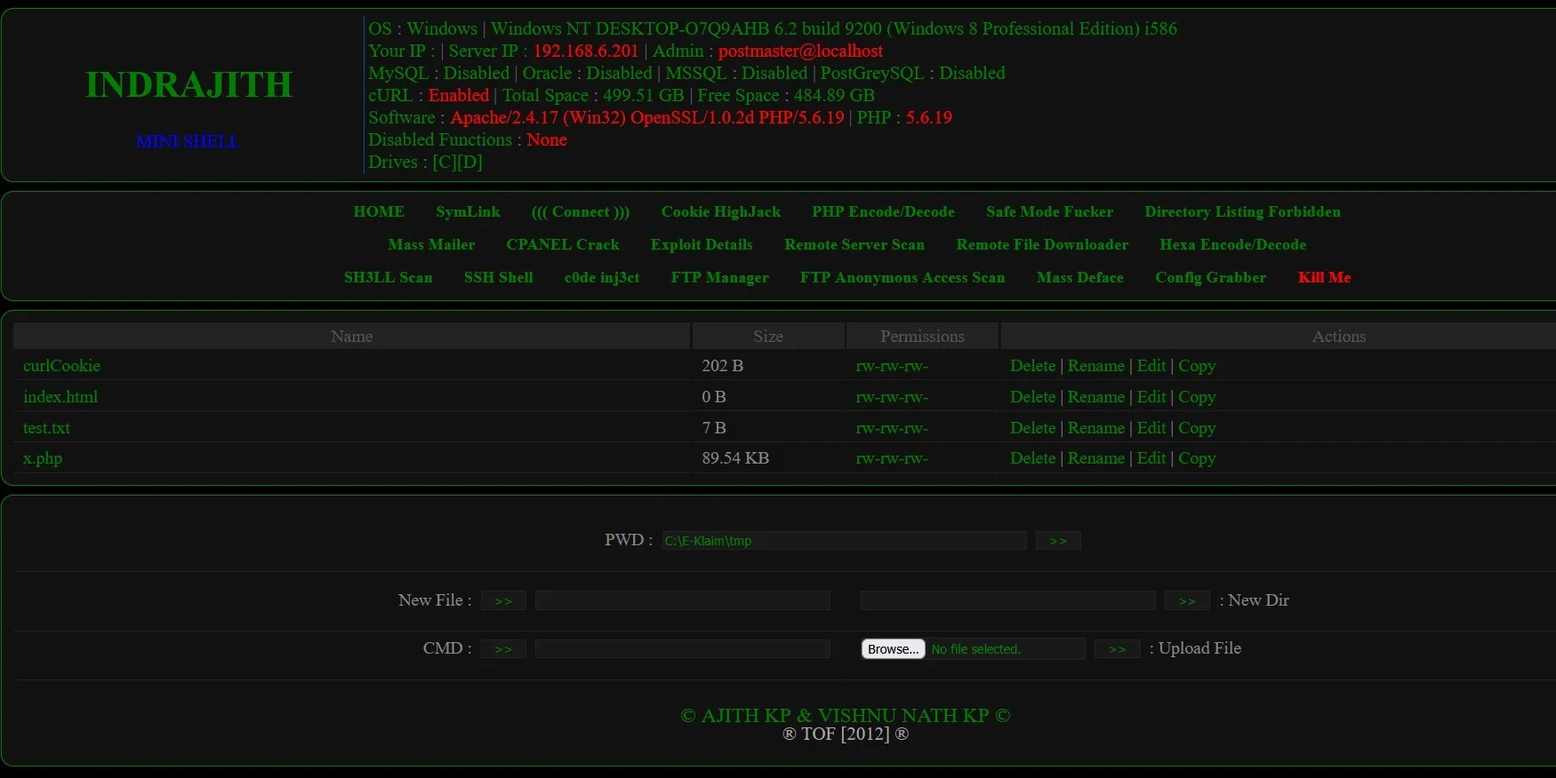 Indrajith Web Shell Symlink Bypass Tools — PHP Shell preview for security testing. Version v1.0, file size 114.