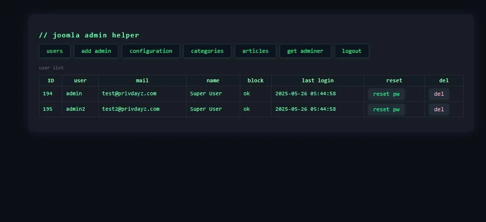 Joomla Admin Login Backdoor Shell — Backdoor Shell preview for security testing. Version v1.0, file size 45.